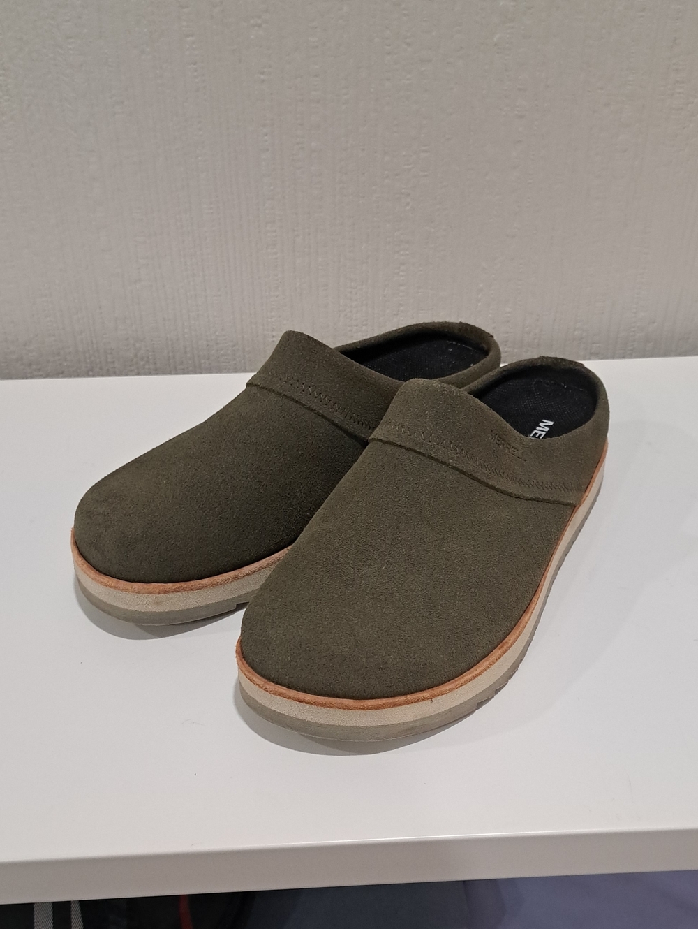 Merrell Olive Green Slip-On Mule Loafers with Tan Trim